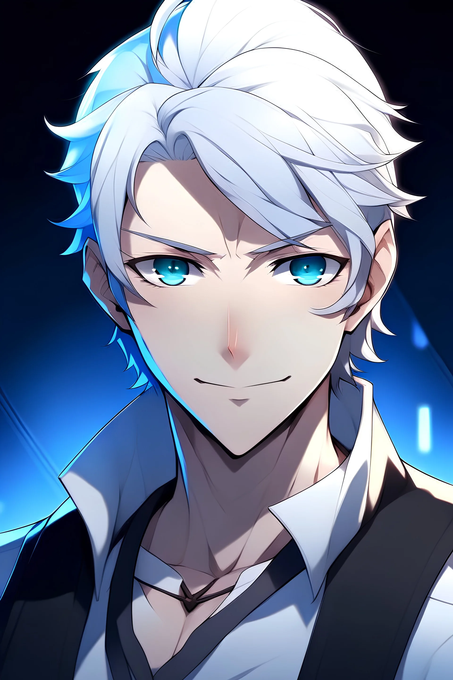 Anime Man main character with blue eyes, white hair, white skin, nice hair, smart, intelligent, strong, lite muscles, aged 25, wearing a sport uniform black