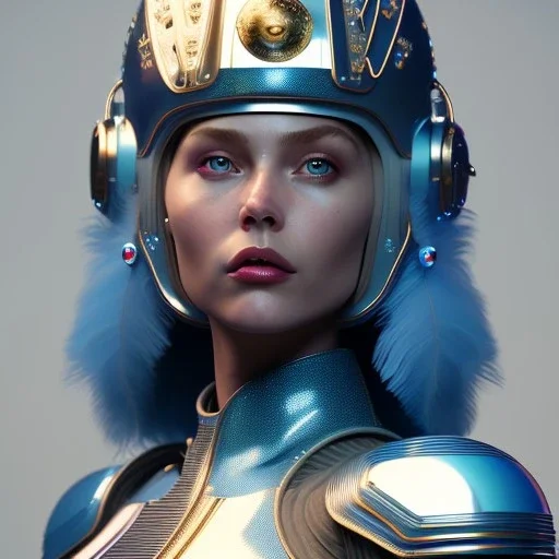 woman, british, blue, heavily made up face, round helmet, decorative feathers, retro futuristic, latex coat, soft color, highly detailed, art stations, concept art, smooth, unreal engine 5, god rays, ray tracing, RTX, lumen lighting, ultra detail, volumetric lighting, 3d, finely drawn, high definition, high resolution.