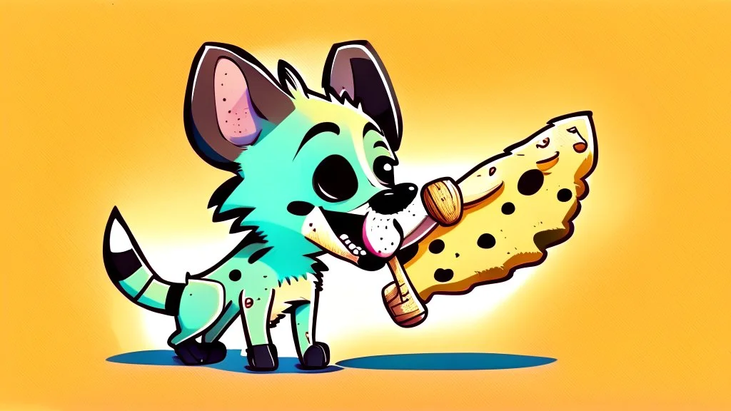 Cute chibi-style hyena dog, eating a big bone, cartoony, colorful, exaggerated, simplified, adorable