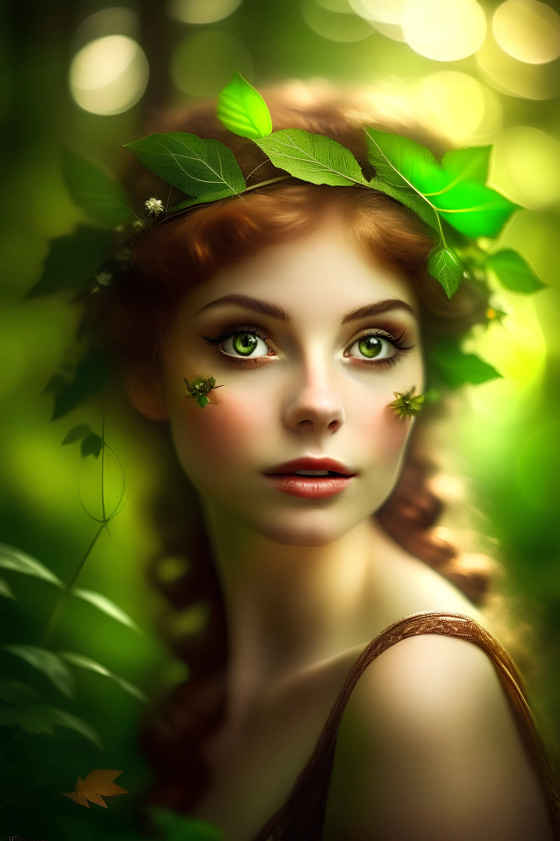 forest fairy; serene face; attractive image for book front cover