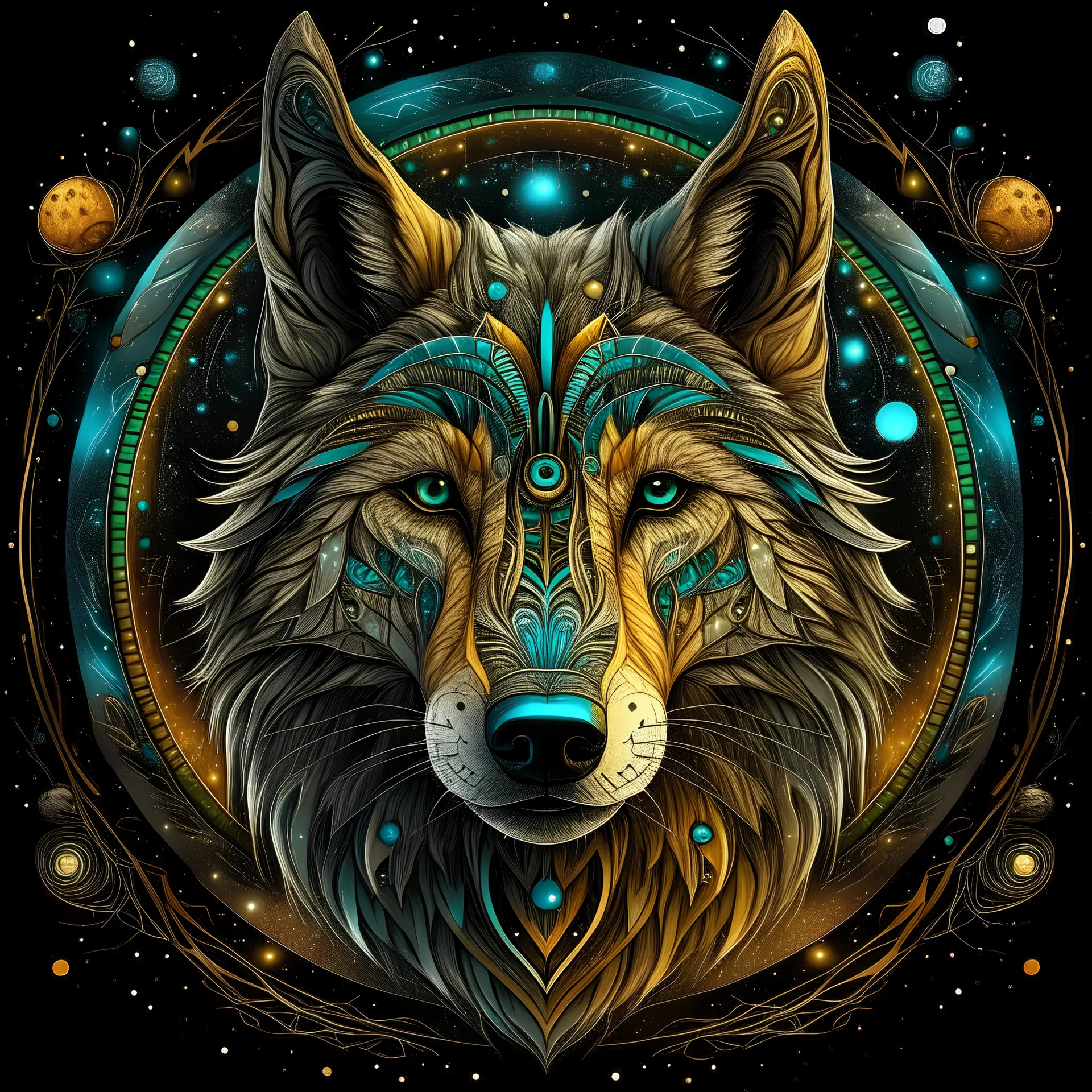 Image of a wolf made up of thousands of very thin glowing lines.Wolf is looking straight at the camera , Symmetrical image, Background is a colorful flowy swirls, golden lines, 3D, alcohol ink effects, sprinkle glitter, pearls, beads. Placed in a glass ball..