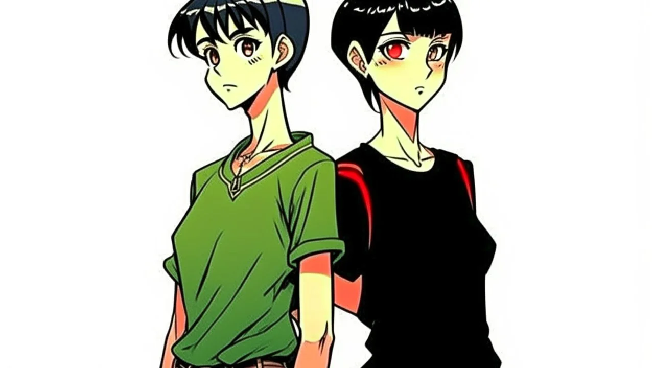 Relaxed and Stylish Anime 90s , short black hair , two personalities