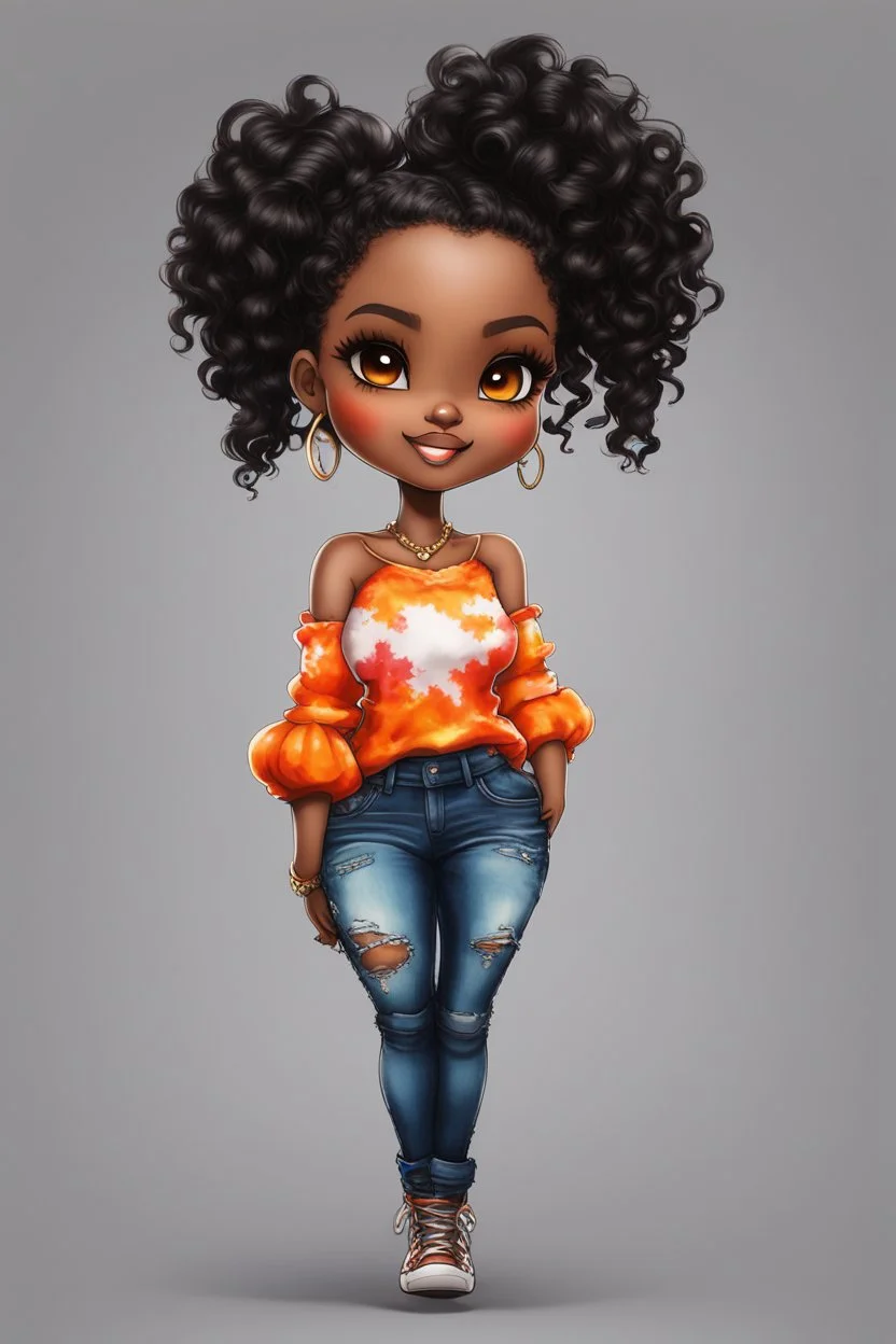 create a digital urban culture art image 8k of a chibi curvy black female wearing torn jeans pants and a orange tie dye off the shoulder blouse. Prominent make up with hazel eyes. Highly detailed long tight curly PONYTAIL