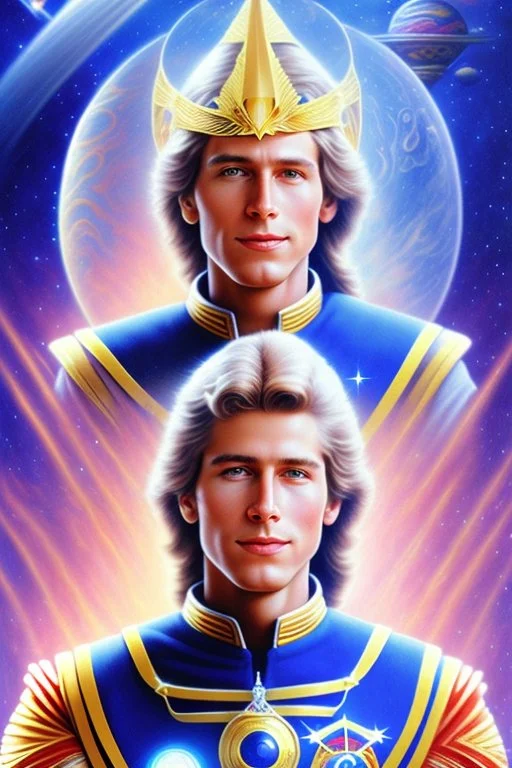 cosmic very young man from the future, one fine whole face, large cosmic forehead, crystalline skin, expressive blue eyes, blue hair, smiling lips, very nice smile, costume pleiadian,rainbow ufo Beautiful tall pleiadian Galactic commander, ship, perfect datailed golden galactic suit, high rank, long purple hair, hand whit five perfect detailed finger, amazing big green eyes, smilling mouth, high drfinition lips, cosmic happiness, bright colors, blue, pink, gold, jewels, realistic, real