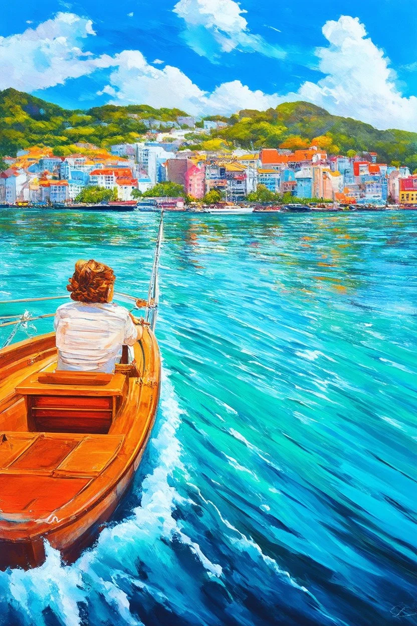 on the boat on a long journey birdseye view, japanese modern pop art