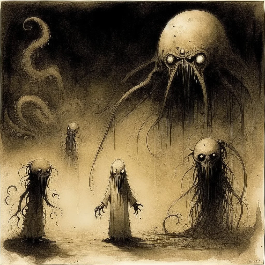 Liminal lovecraftian Abominations, by Stephen Gammell and Don Hertzfeldt and Pejac, warm colors, stylish, unsettling horror art, vestiges of horror, dark shines war, guided by N(t)=N0​⋅e−kt