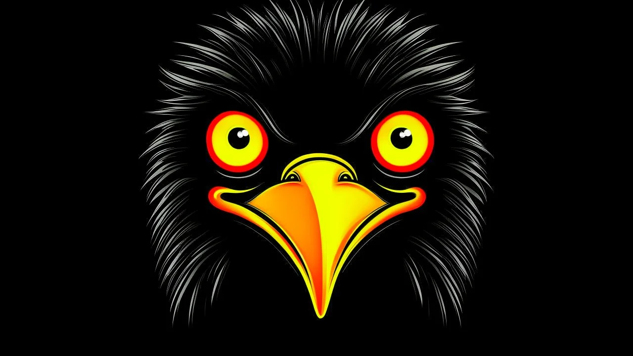 angry penguin | black background | red eyes | yellow beak | drawing style