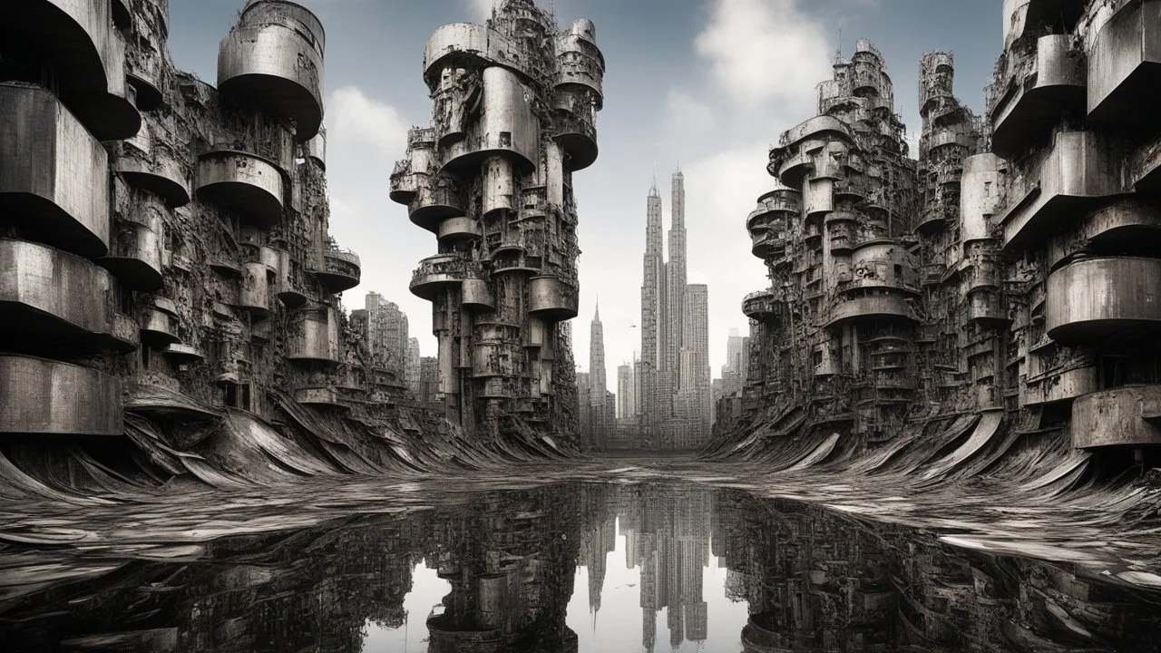 your creativity versus my imagination, tectonic arafed whimsical cityscape, Taro Okamoto influence, puṣkaracūḍa, made of scrap metal, detailed rounded forms, great verticals, perfect parallels, amazing reflections, amazing transparency, industrial vibe, shock of juxtaposition, there is ugliness in beauty