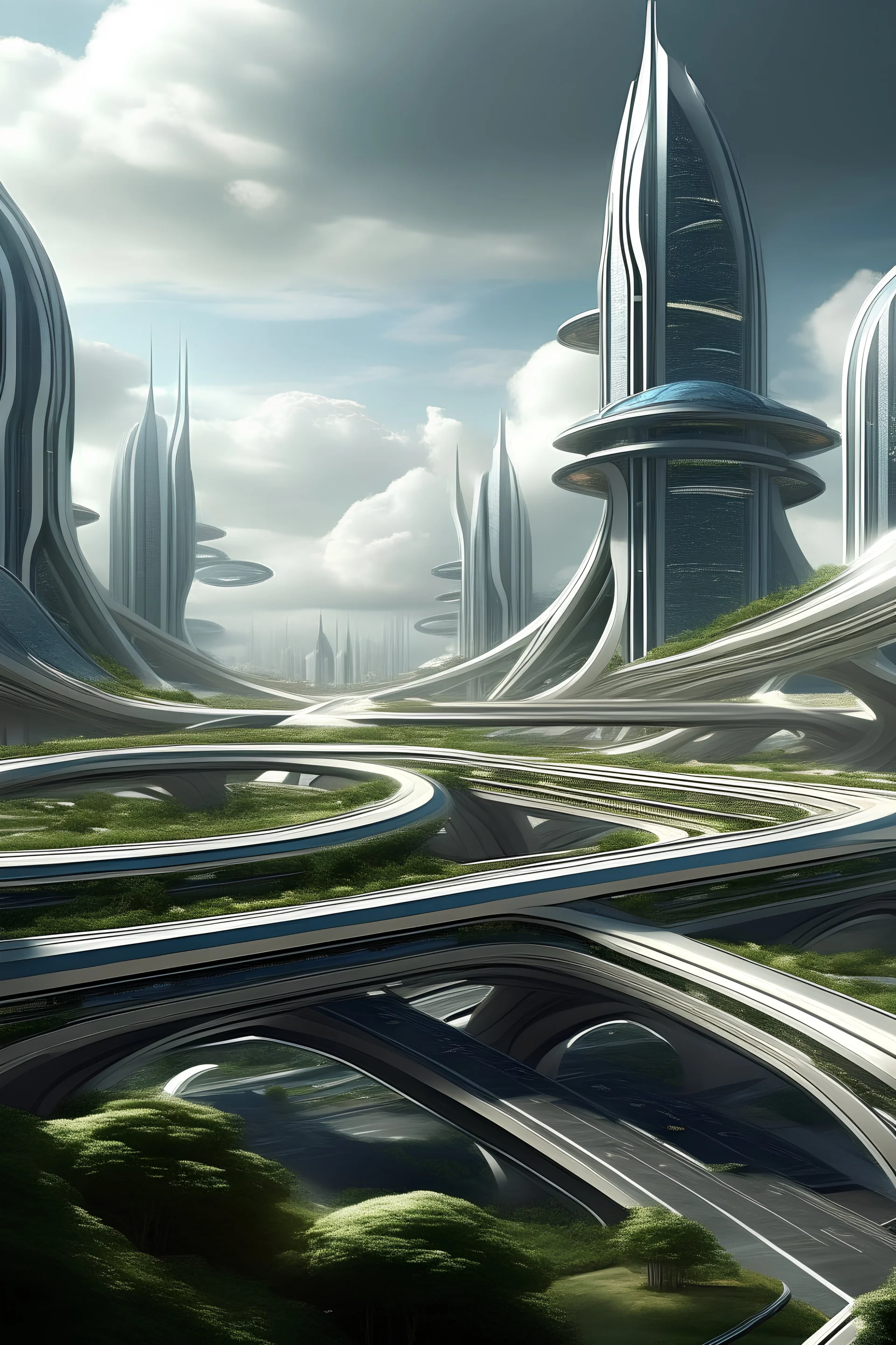 Pandora with futuristic buildings and highways