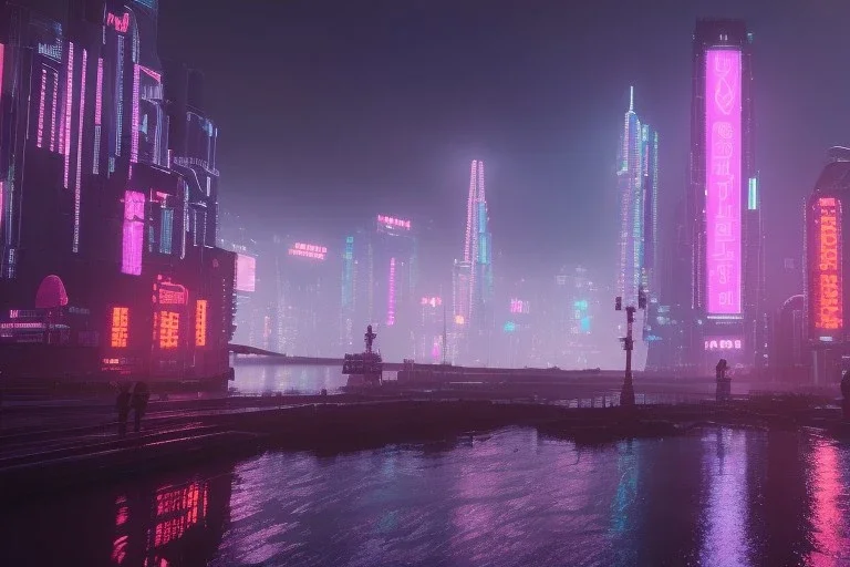 3D, beautiful, light reflecting, empty future city skyline at night, rainy night, neon, cyberpunk, tron, one cyborg walking, 8k, finely detailed, photo realistic