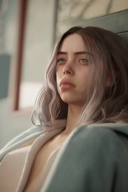 Billie Eilish, bathrobe, stockings, high detail, realistic, 8k, not to be distinguished from a photo, identical pupils