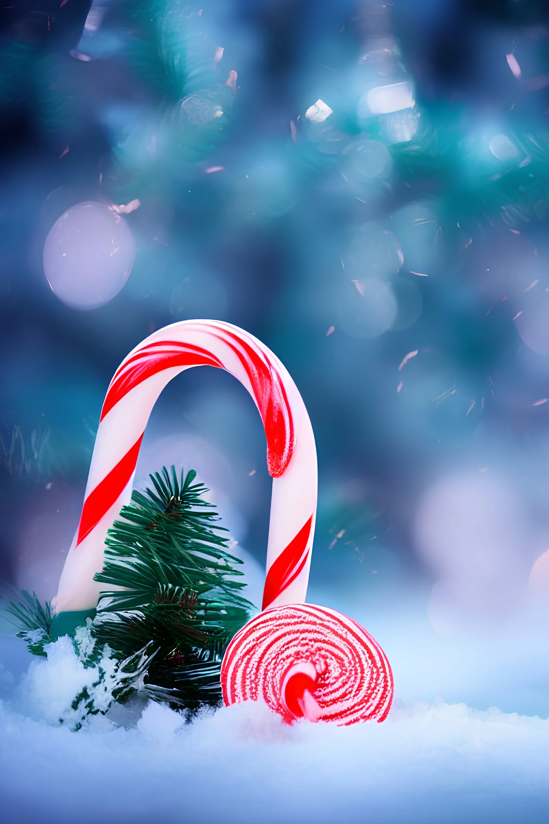 candy canes,snowy fir forest,bokeh, utra realistic, hyper detailed, masterpiece, sharp focus,volumetric lighting,