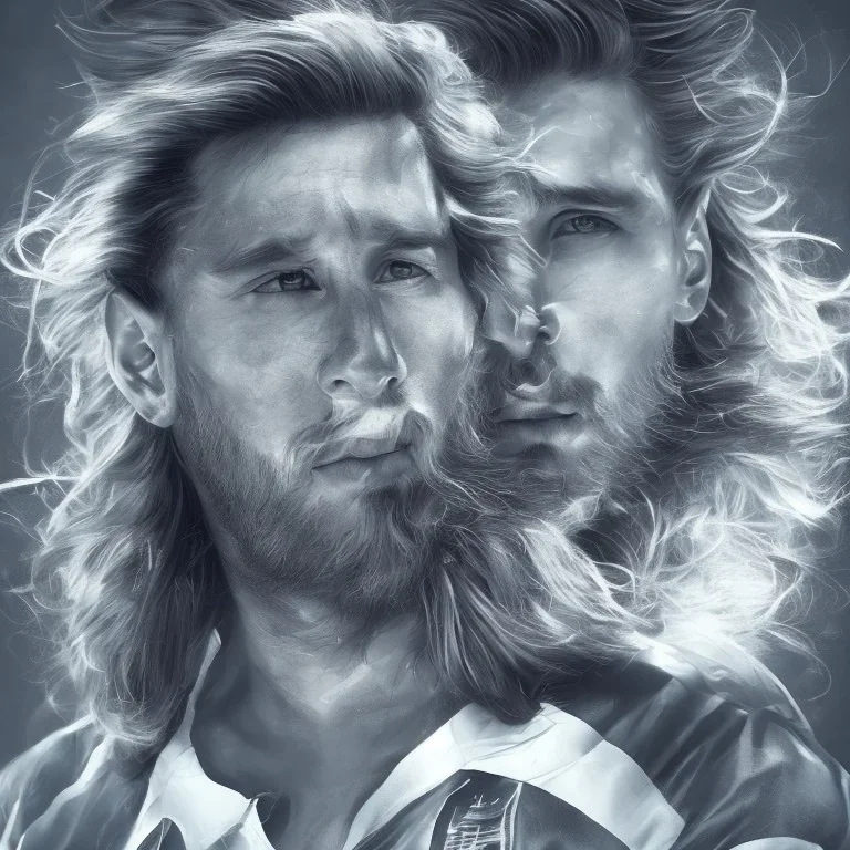 Leo Messi ultra detailed face art cinematic and cyan and white sky