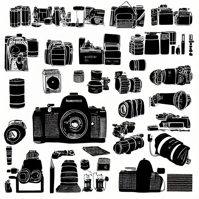 elements of photographic equipment. poster graphics. high detailed. ink and acrylic.