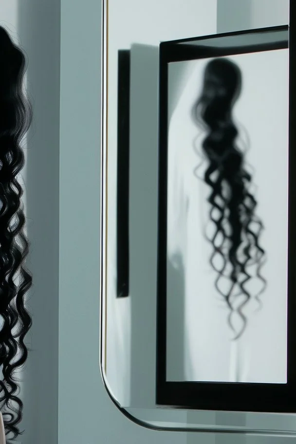 Close up of a beautiful woman with long curly black hair standing in front of a mirror, she doesn't see, but her reflection in the mirror is a dark demon with intense scary eyes looking back at her. Super realistic, 8k high quality