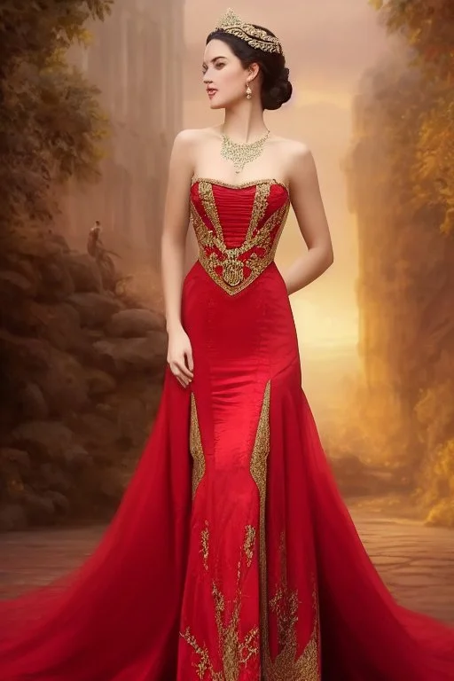 full body shot , beautiful and gorgerous duchess with incredible jewellery in 19th century clothing by Greg Rutkowski and Artgerm and Emile Vernon and Vladimir Volegov, in a red dress, mystical castle background, art illustration, natural beauty, muted colors, pastels, perfect fingers, higly detailed, expressive, high detail, symmetrical, digital painting, symmetrical eyes, dynamic lighting, artstation, cinematic lighting, intricate artwork, emitting diodes, smoke, artillery, sparks, racks, s