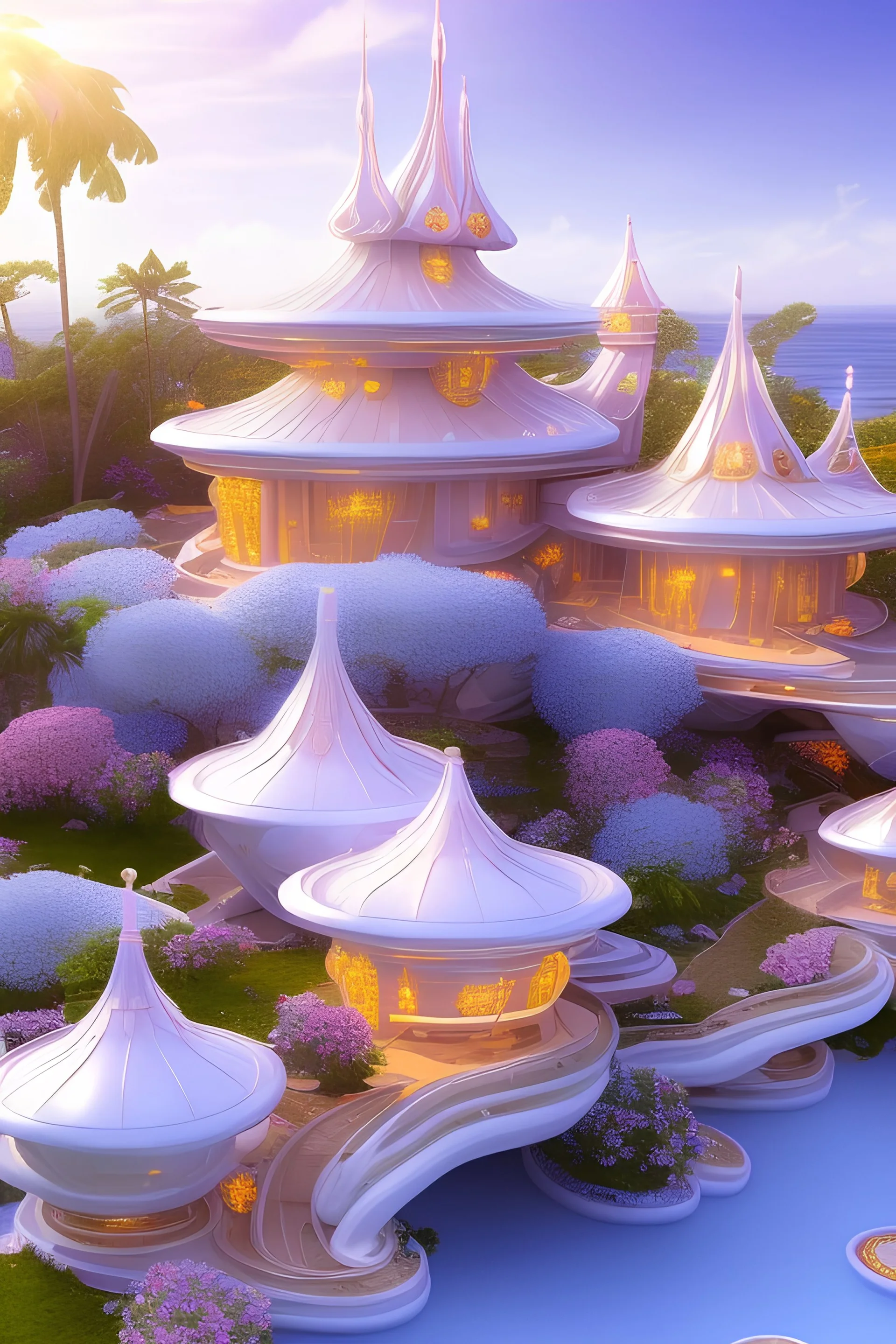 landscape of summer tropical ambient beutiful villa white gold and neon lights bright and colorful bright gloss effect of a futuristic house,like spaceship, natural round shapes concept, large transparent view of the open outdoor garden,sea beach at sunset, gold crystals,with light pink, flowers of Lotus, beutiful pools, light of sun , palmiers,cerisiers en fleurs, wisteria, sun , stars, small waterfalls