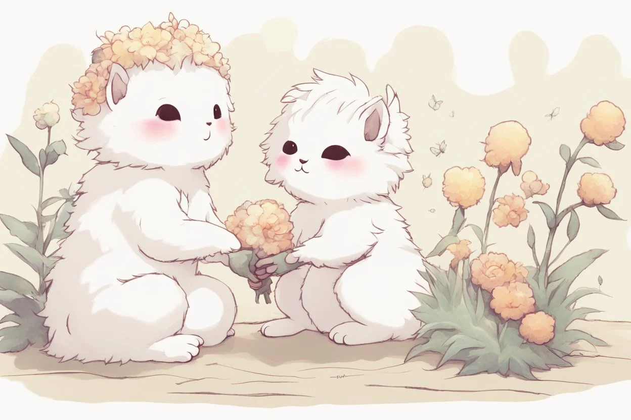 two cute fluffy chibi creatures, one kneeling and planting flowers, the other watching with arms folded in the sunshine, etherial