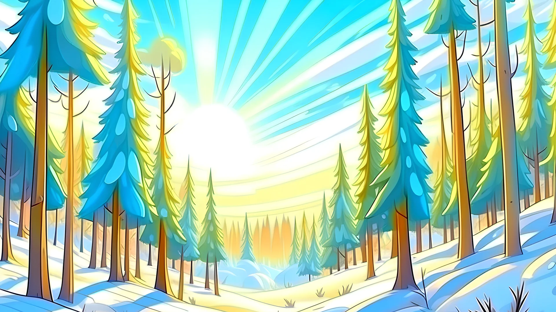 fantasy cartoon: sunny sky over the winter forest, pine trees