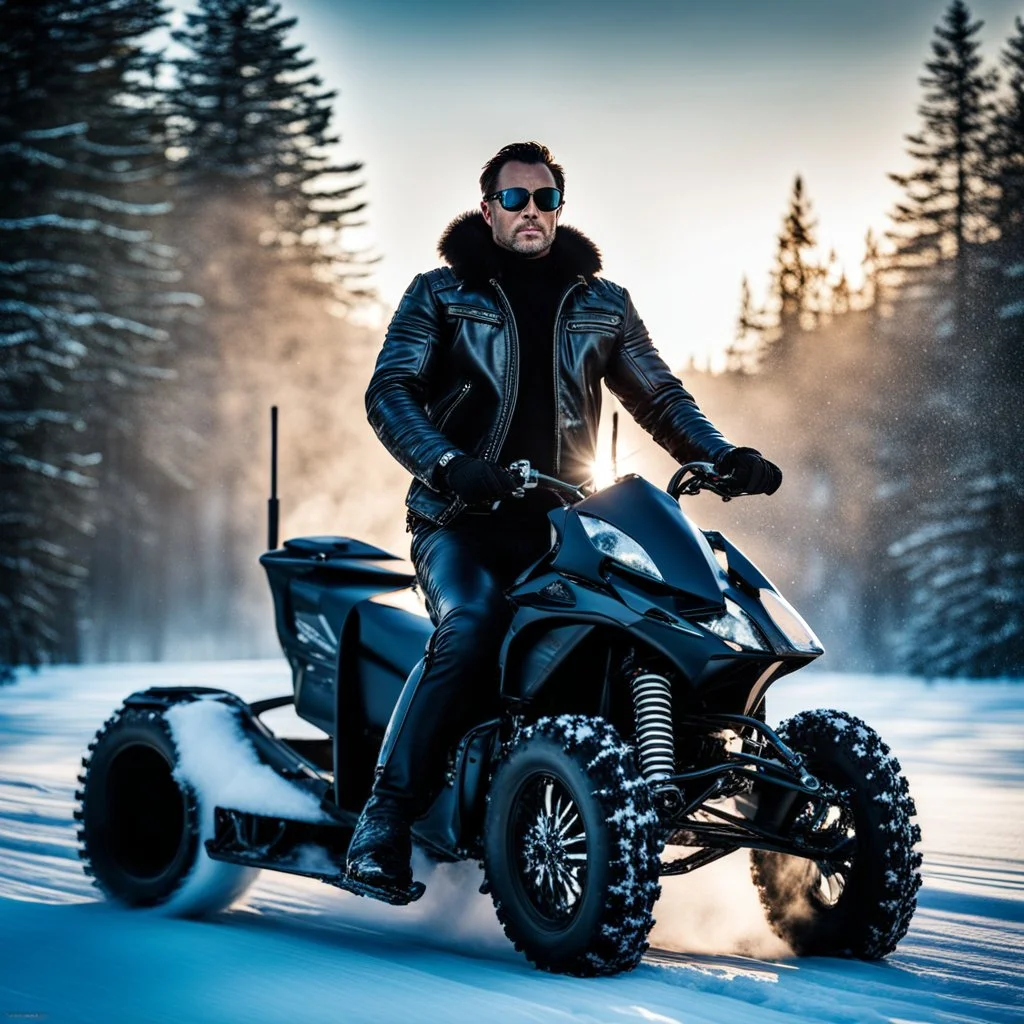 Handsome and muscular 40 year old Biker wearing a winter leather jacket and dark sunglasses riding a snowmobile, dark fantasy