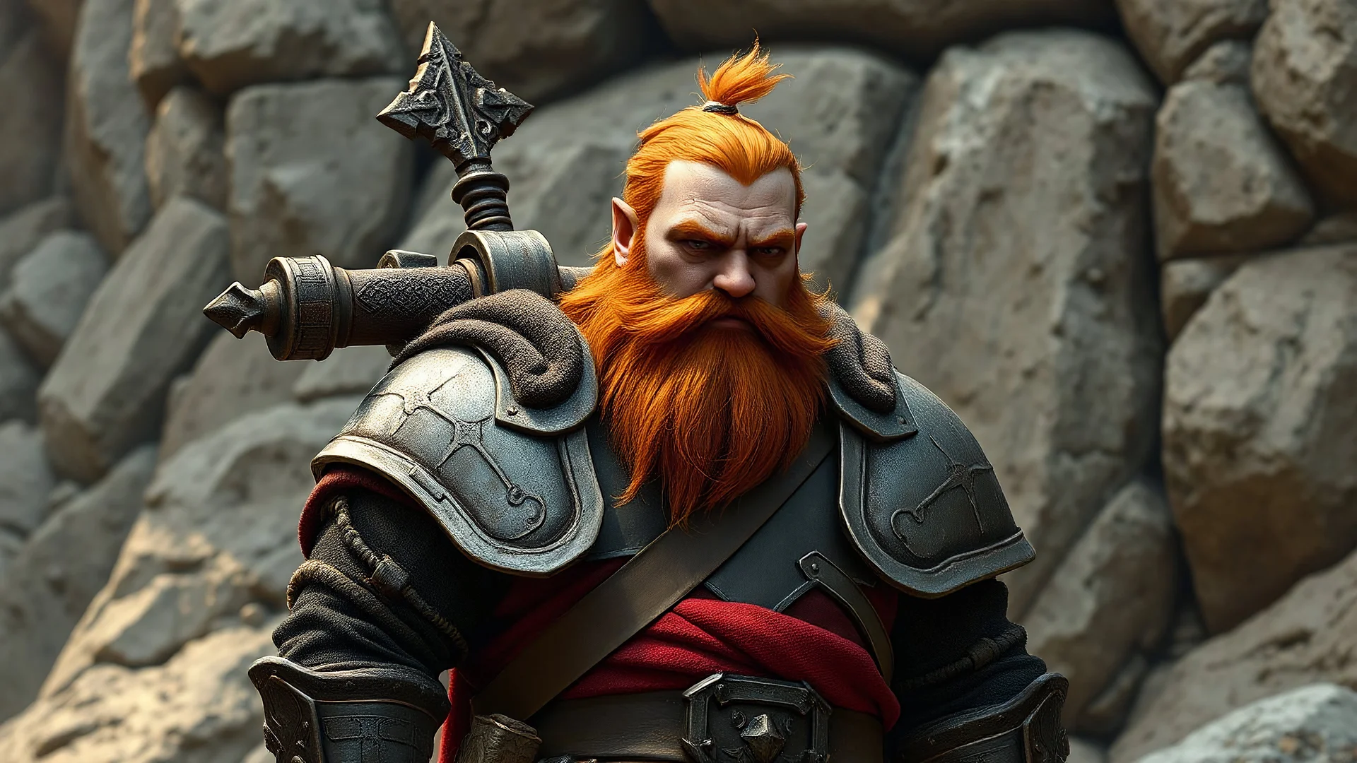 A sturdy, red haired dwarf cleric, who carries a Warhammer over his shoulder and wears heavy armor. Standing in front of a rocky backdrop