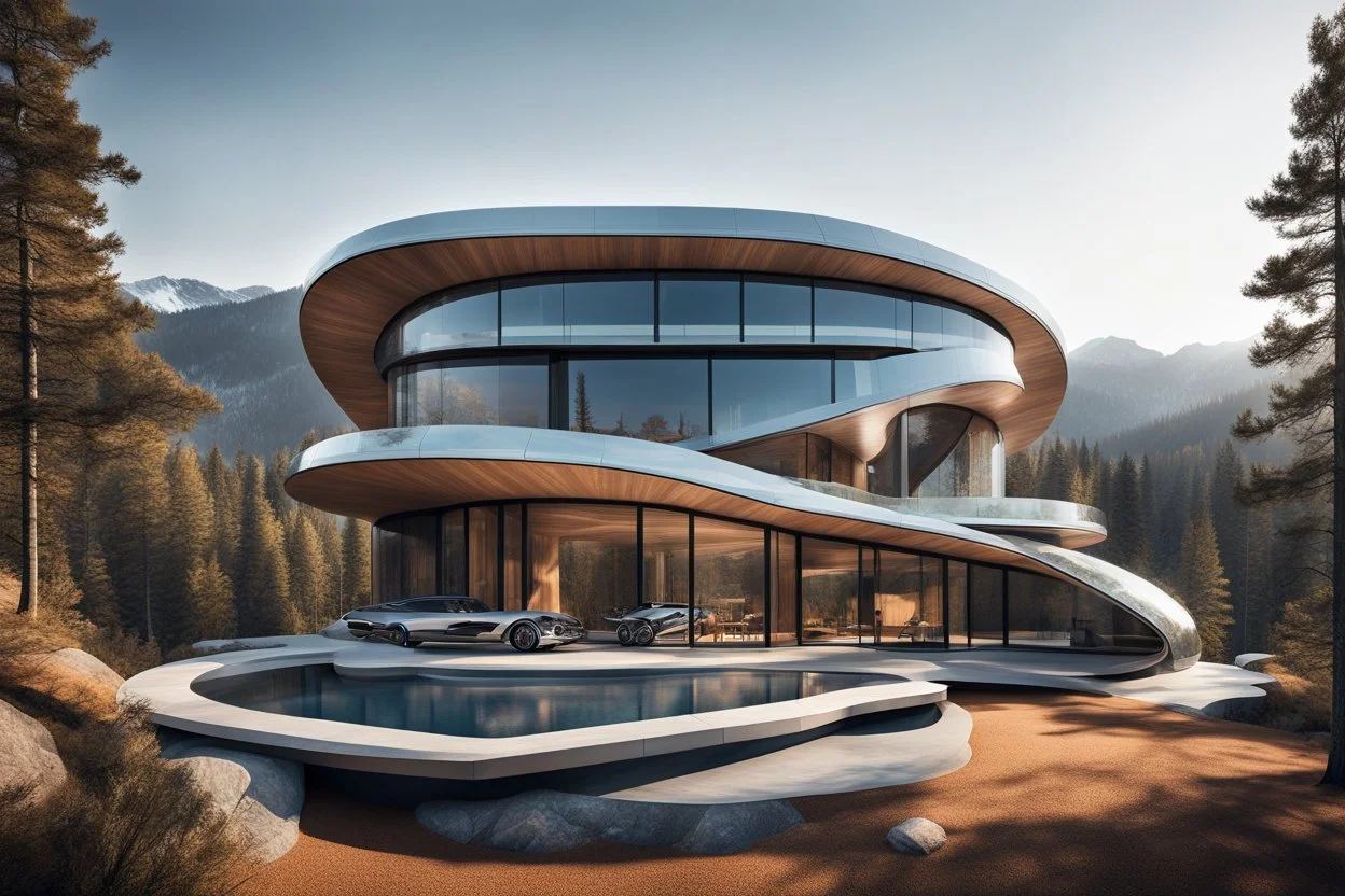 Photo of a futuristic cabin with a building shape inspired by the infinity symbol in plan and the x cross in elevation. Glass facades are interspersed between the curved walls, which become steps to climb to the roof, where there is a terrace. There is a driveway with a luxury jeep parked that is on the same elevation plane as the roof, with a path leading down to the building on the side of the hill. It has a biomimetic design, carbon neutral and zero energy. There are hikers in the distance an