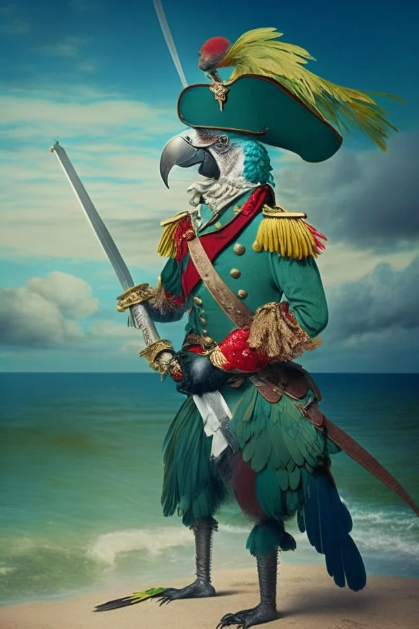 Half parrot half human in a 1700s military uniform holding a sword next to the ocean