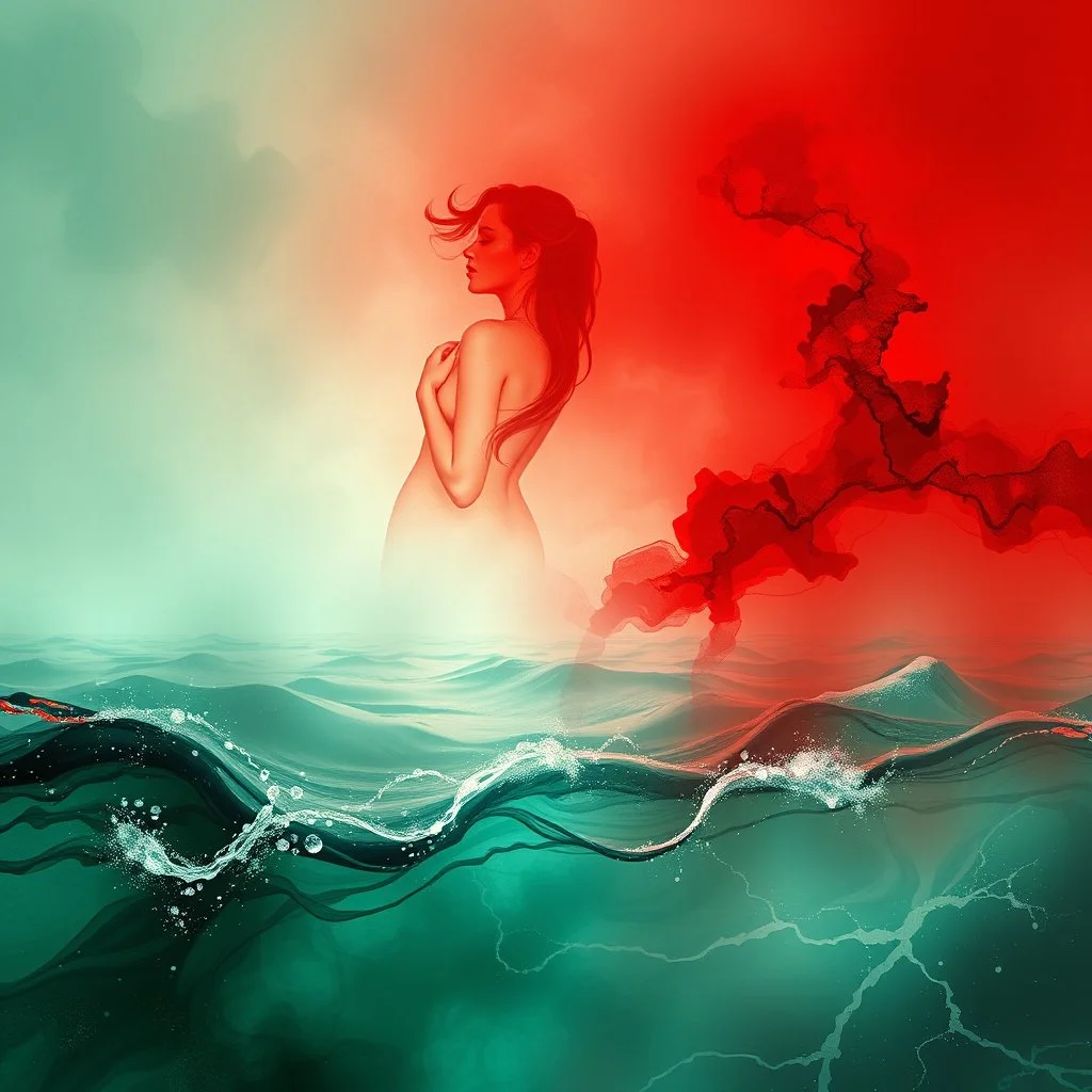 romantic picture, abstract, with red and green ocean water , hq