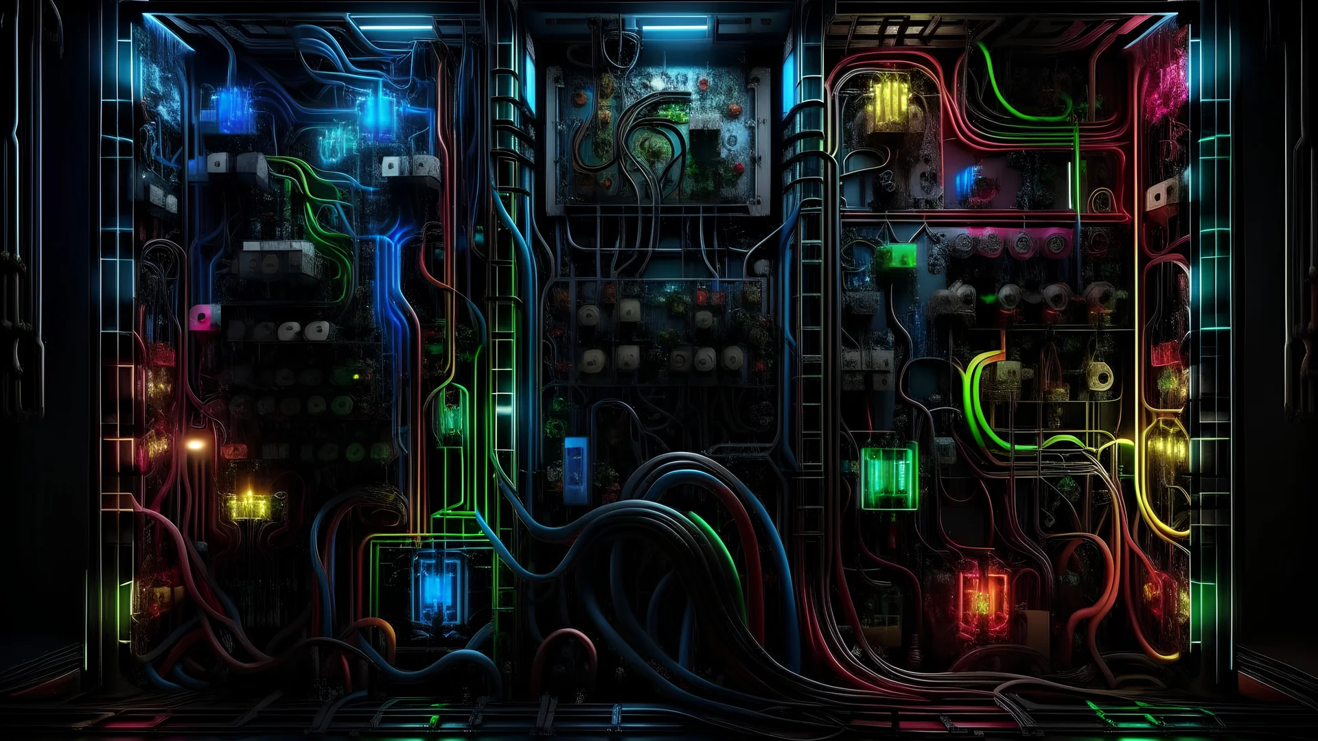 Ultra-high quality an android wall made of cables and of processors and of circuits and of irons and of screws and of LEDs and of neons, smoked background elemental flames lightning lights luminance colourful futuristic steampunk cyberpunk style