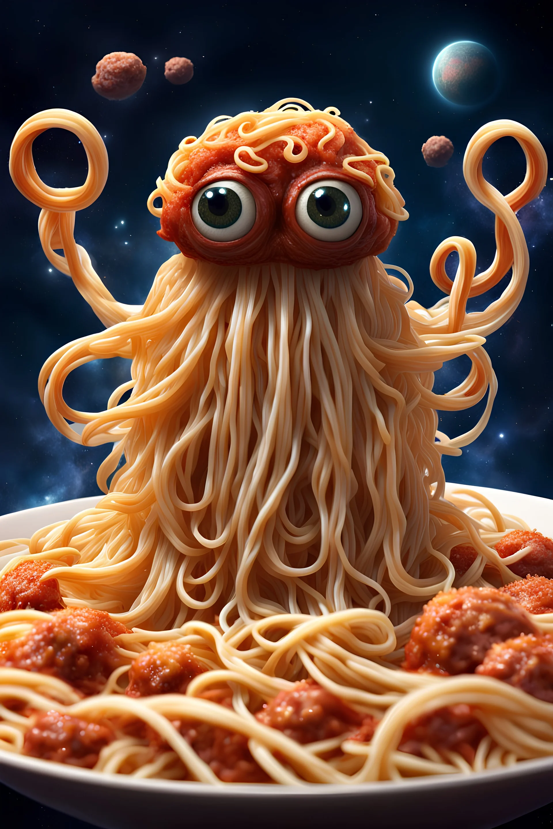 A picture of a spaghetti monster floating in the universe, meatballs as its eyes, and noodles as its tentacles. Realistic. Dressed up like god.