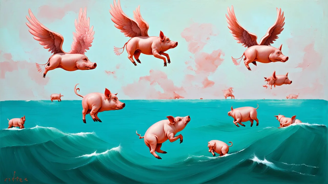 abstract painting, many pig with wings flying in the air over the sea, minimalist, bizarre, surreal, art brut, outsider art, a muted colors photo, pexels contest winner, 1940s, high quality photo,