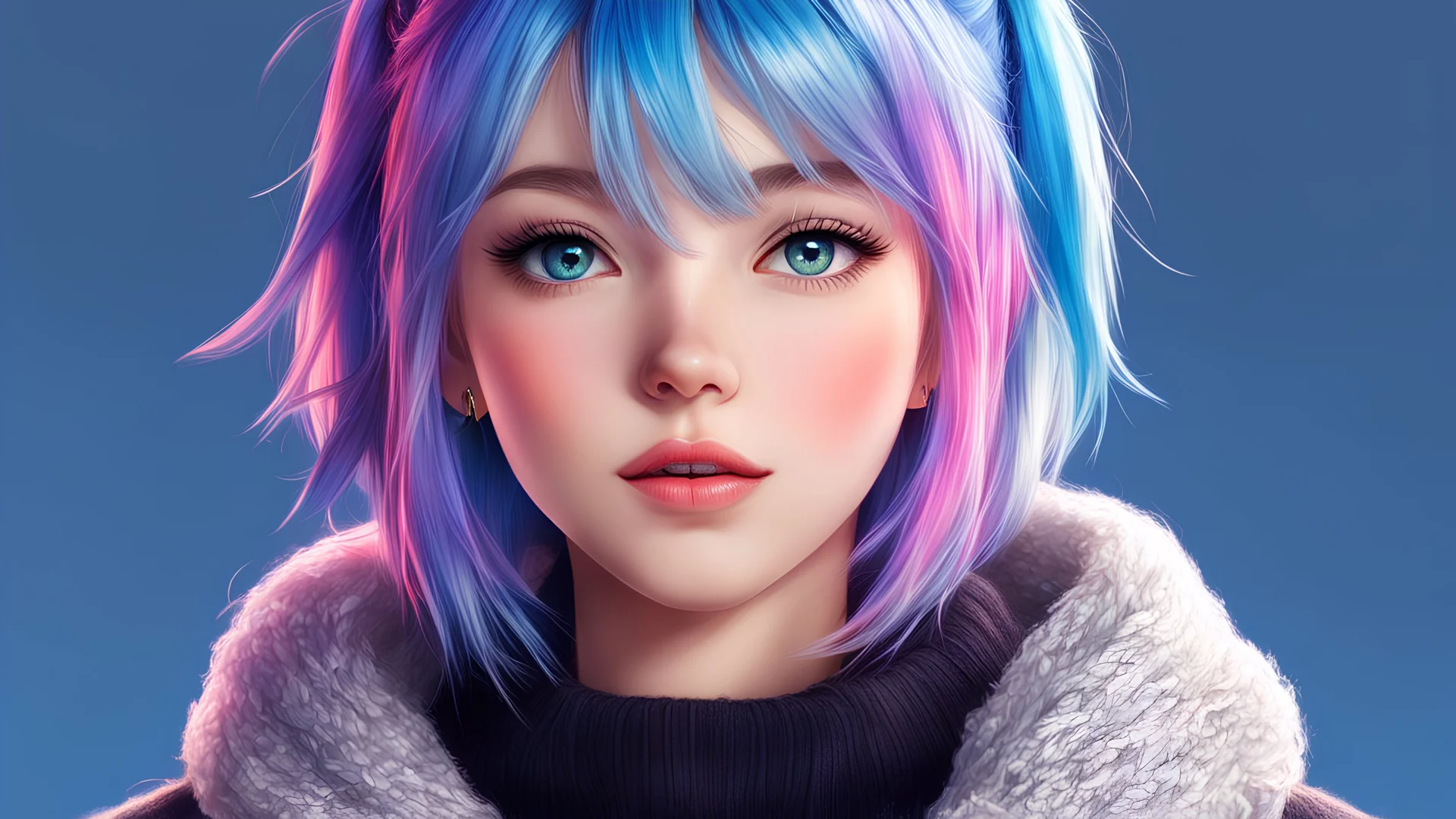 anime ,realistic ,sketch , 1girl, ,lip, Sweater,order, Blue gradient background, Neon hair,Textured crop, Canadian , (masterpiece,best quality,niji style)