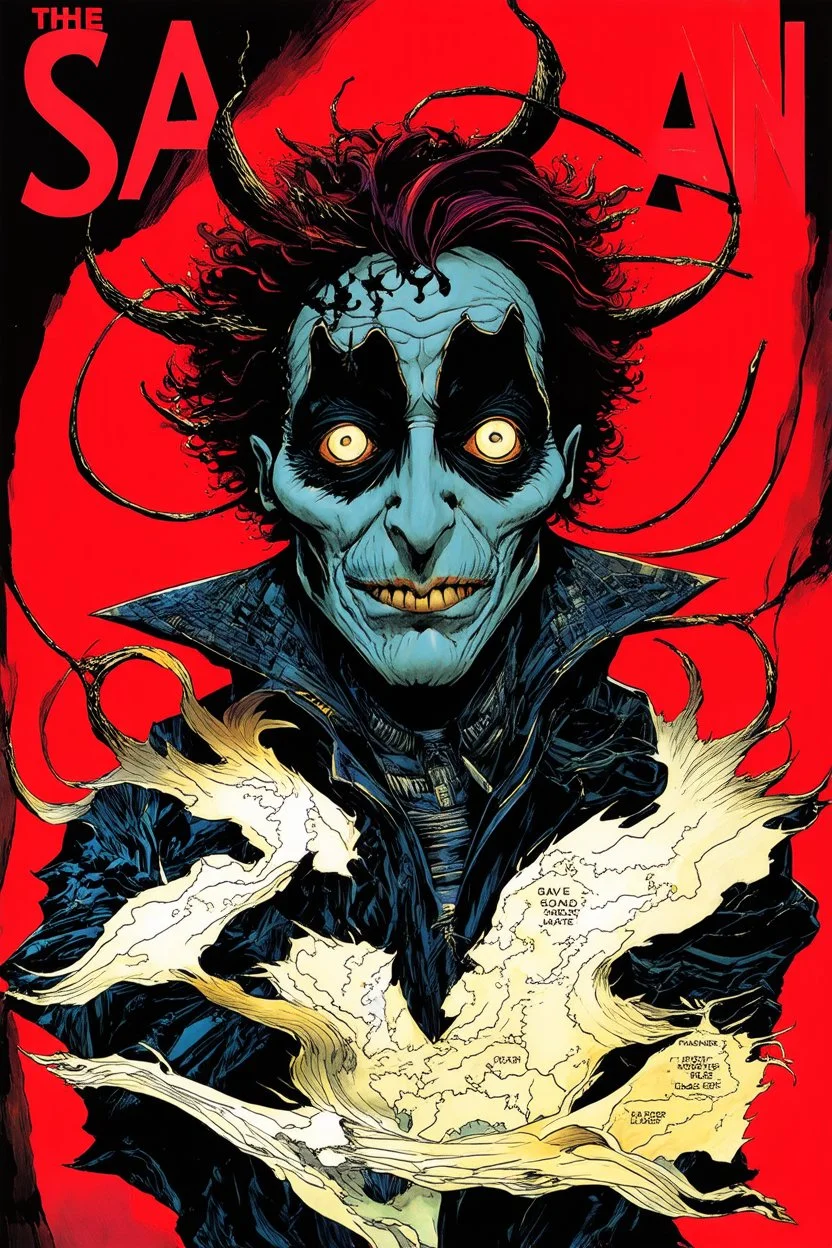 Text "THE SANDMAN" in sandman comic book font, Nightmare frequencies visualization, cartography of The Dreaming, by Graham Sutherland and Dave McKean, mind-bending illustration; Neil Gaiman's "The Sandman" Cover art by Dave McKean, crisp cool colors - red hues