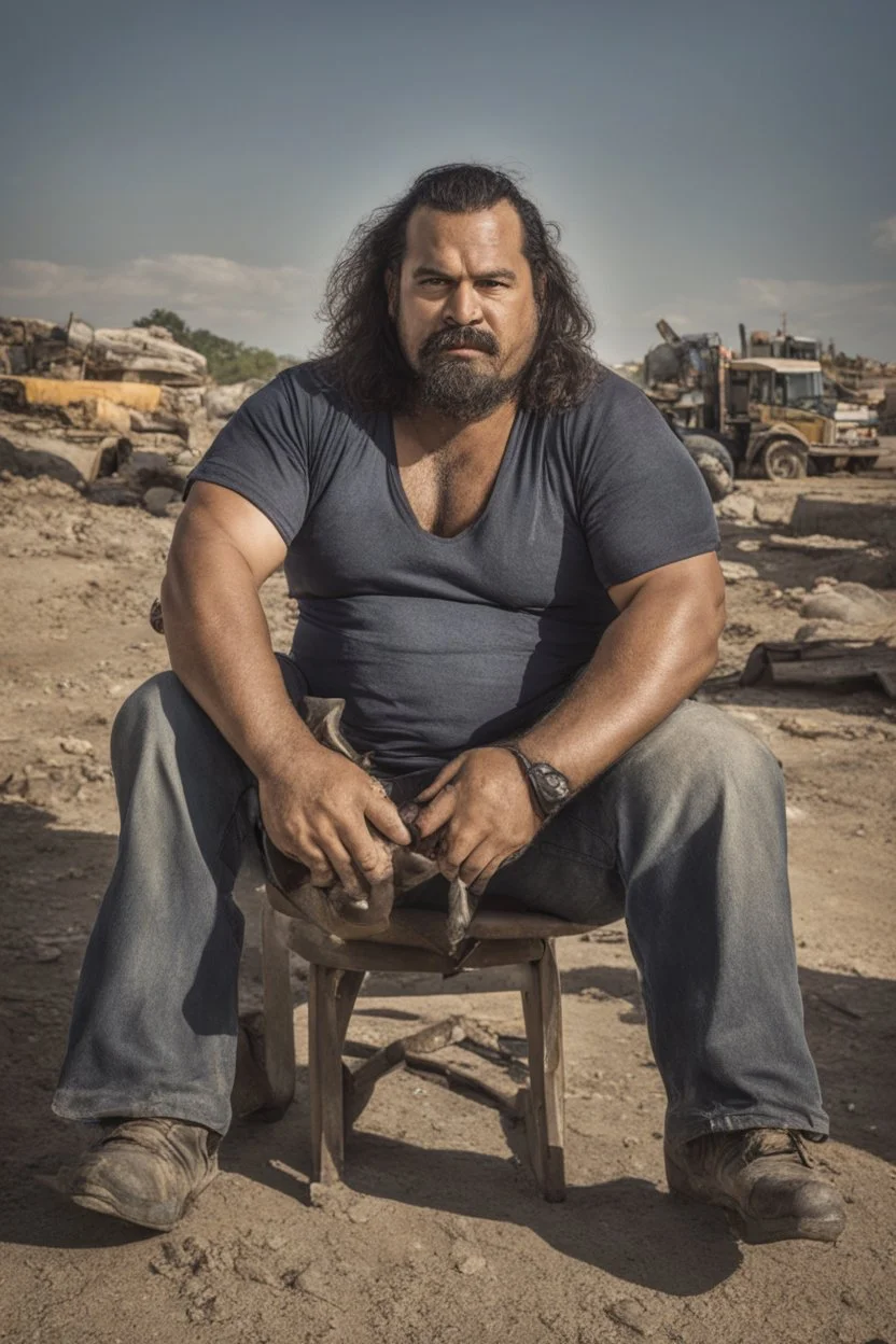 photography of a marocan ugly burly serious wet sweaty, chubby strong fat hairy carpenter, shirtless, short pants, bulge, manly chest, mustache and short beard, 36 years old, long hair, sitting with open legs on a chair , on a construction site, in the middle of a road, under the August sun, angry eyes, , hyper-realistic, photorealistic , frontal view from the ground