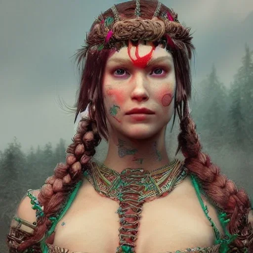 highly detailed beautiful girl viking queen portrait, red glass armor, blue delicate braided hair, green facial paint, cinematic lighting, 4k, 8k, octane render, digital concept art, trending on artstation, pinterest, extremely detailed, ambient lighting.