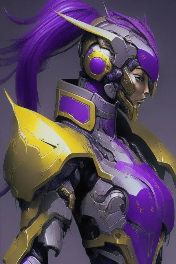 A Genderless Cyborg made of metal, has a human like face with a long violet ponytail, the cybord is wearing armor similar to Omega. The color palatte of the armour is deep purple and yellow.