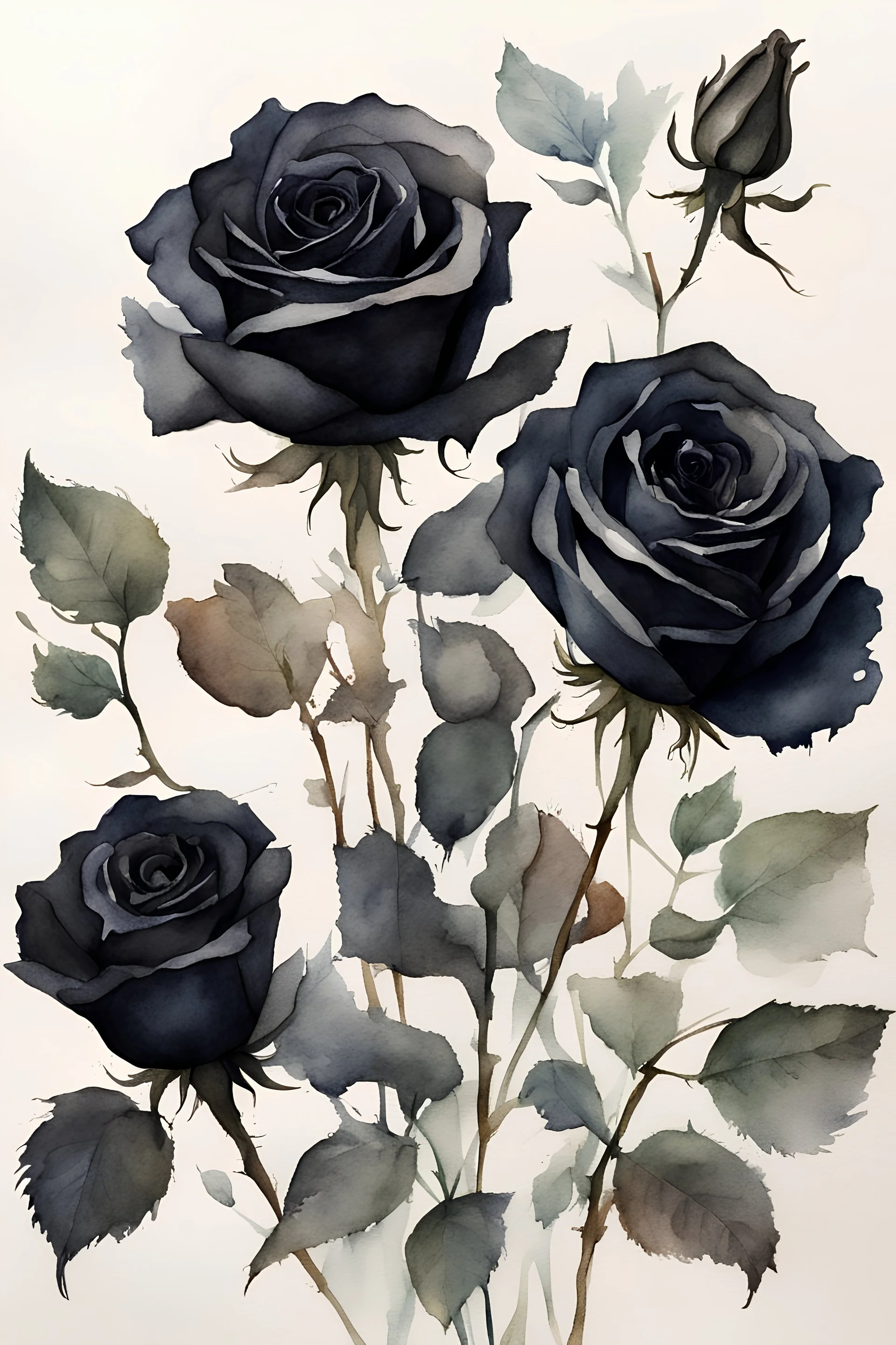 watercolor drawing of black roses