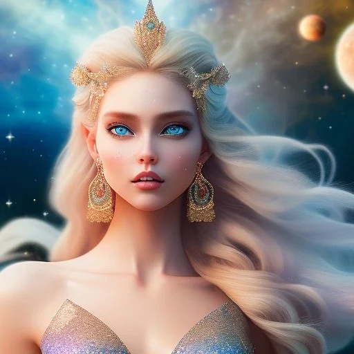  full body white goddess woman glitter smiling long blond hair blue eyes in a galactic ambiance, delicate colors in the foreground, full of details, smooth, light effect，vaporwave colorful, smooth, extremely sharp detail, finely tuned detail, ultra high definition, 8 k, ultra sharp focus