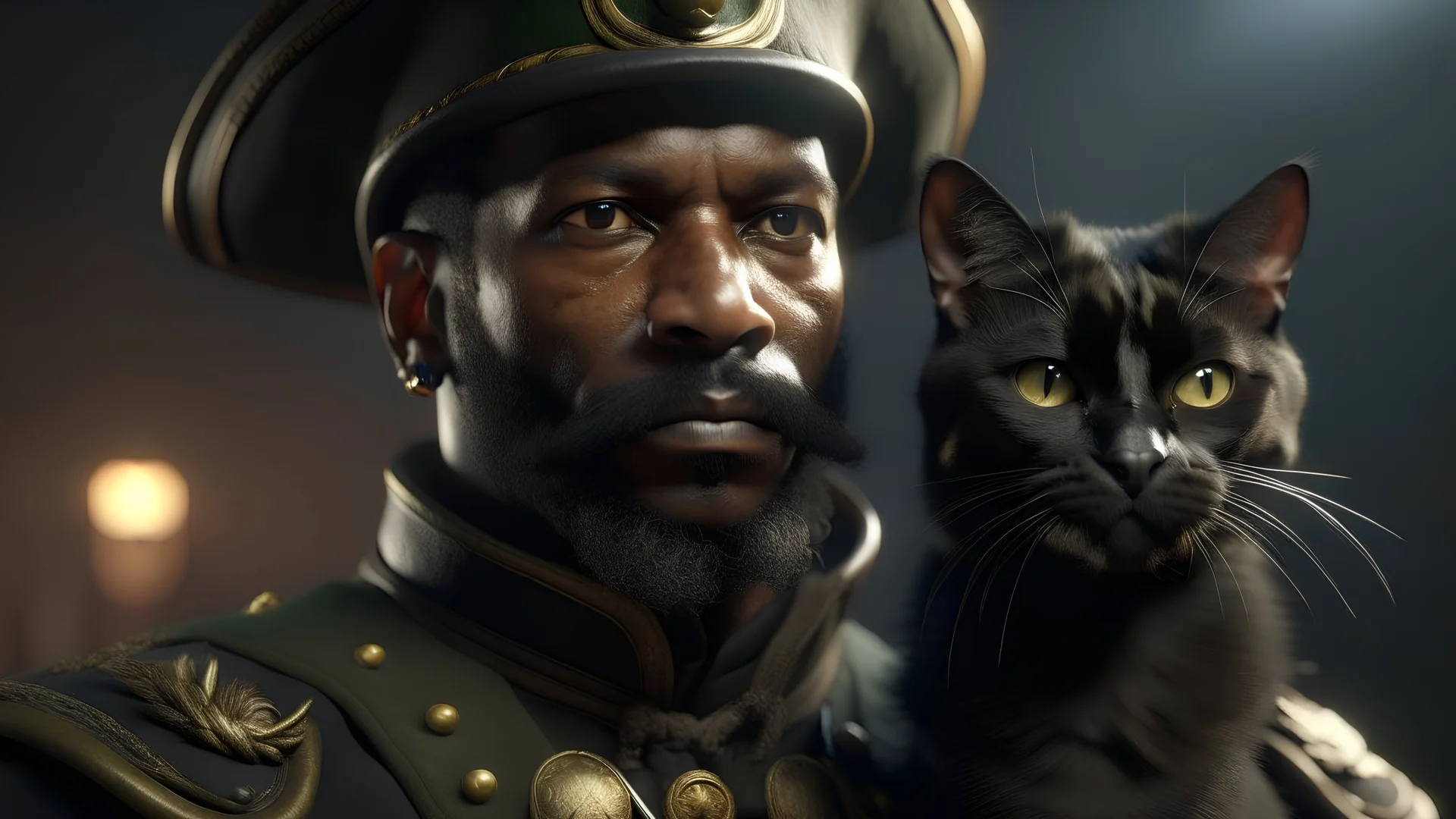 a Black man as an conquistador with the long Fu Manchu french handlebar mustache and a long pointed goatee in Rambo gear with a black cat as a soldier in combat, high definition , 8k, realism