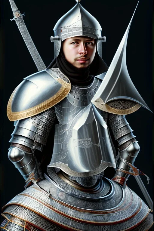  intricate, sharp focus, illustration, highly detailed, digital painting, concept art, matte, art germ and Paul Lewin and Kehinde Wiley, Medieval Arab knight, wearing a silver helmet engraved with Arabic motifs, black eye, chin