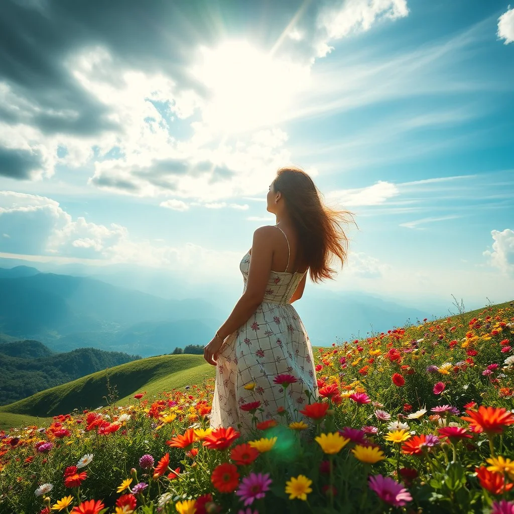 beautiful Green hills covered with flowers colorfull ,blue sky heavy clouds with godray ,very nice flowers at closeup ,wonderfull mountains at distance,beautiful lady clibming at hills full body shot