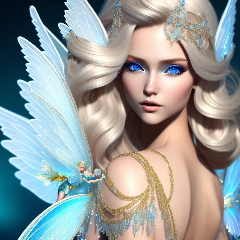 beautiful blonde fairy, blue eyes, in a magical ambiance, transparent wings, delicate colors, finely tuned detail, ultra high definition, 8 k, unreal engine 5, ultra sharp focus