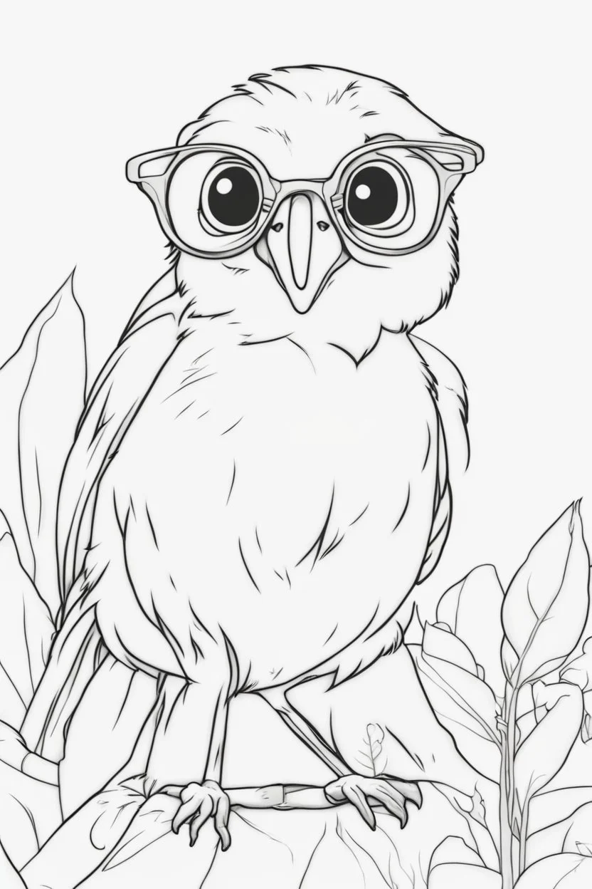 Outline art for cute coloring pages with bird with glasses, full body, white background, sketch style, only use outline, clean line art, no shadows and clear and well outlined.