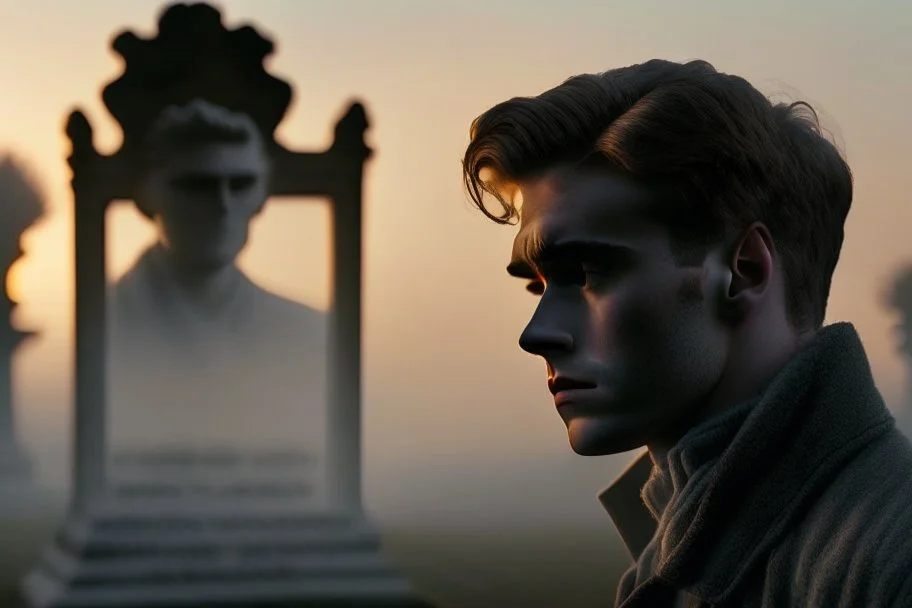 younger lifelike Treat Williams (as Berger from movie Hair) looking towards us in the cemetery, reflection, sunrise, Misty morning