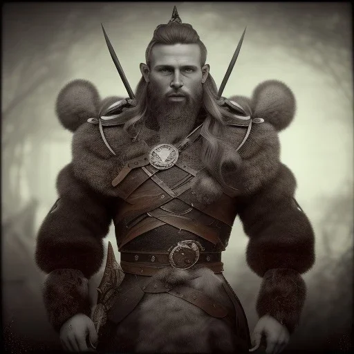 A viking with muscles and sharp blaids, scary, steam punk, realistic, made in octane, cinematic, ultra-realistic, extremely detailed octane rendering, 8K, VRAY Super Real ar 2:3, dof photorealistic futuristic 50mm lens hard lighting dark gray tintype photograph, realistic lighting, sepia color