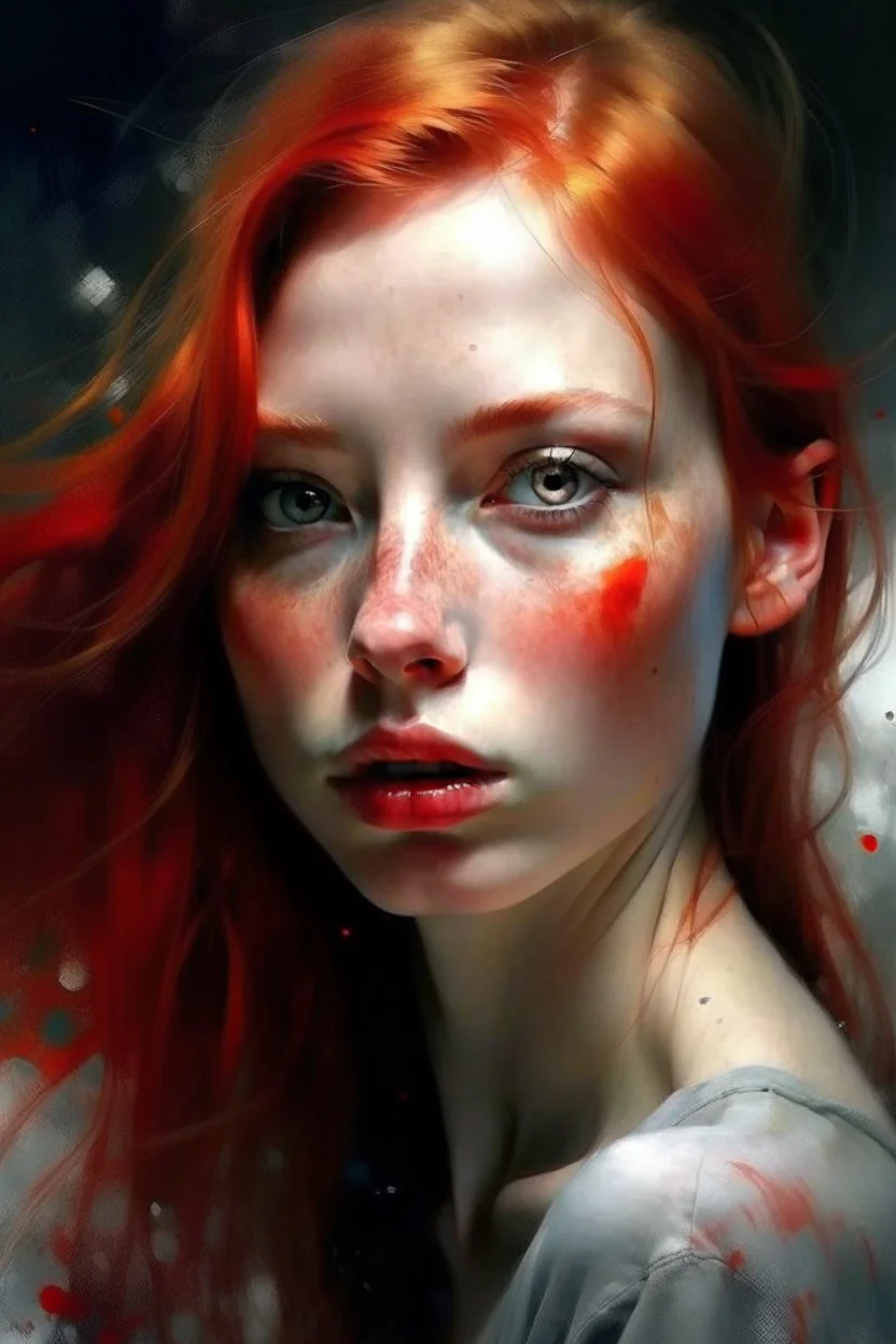 prompt: An image of a red-haired beautiful girl in the style of Mike Worrall, Stefan Gesell, Anton Semenov, Arthur Boyd, Gerald Scarfe, Wlad Safronow, Yves Tanguy and Christine Ellger. Style airbrush art with very soft muted colours and a hazy atmosphere. Bold oil paintings with thick brushstrokes and spots --ar 16:9