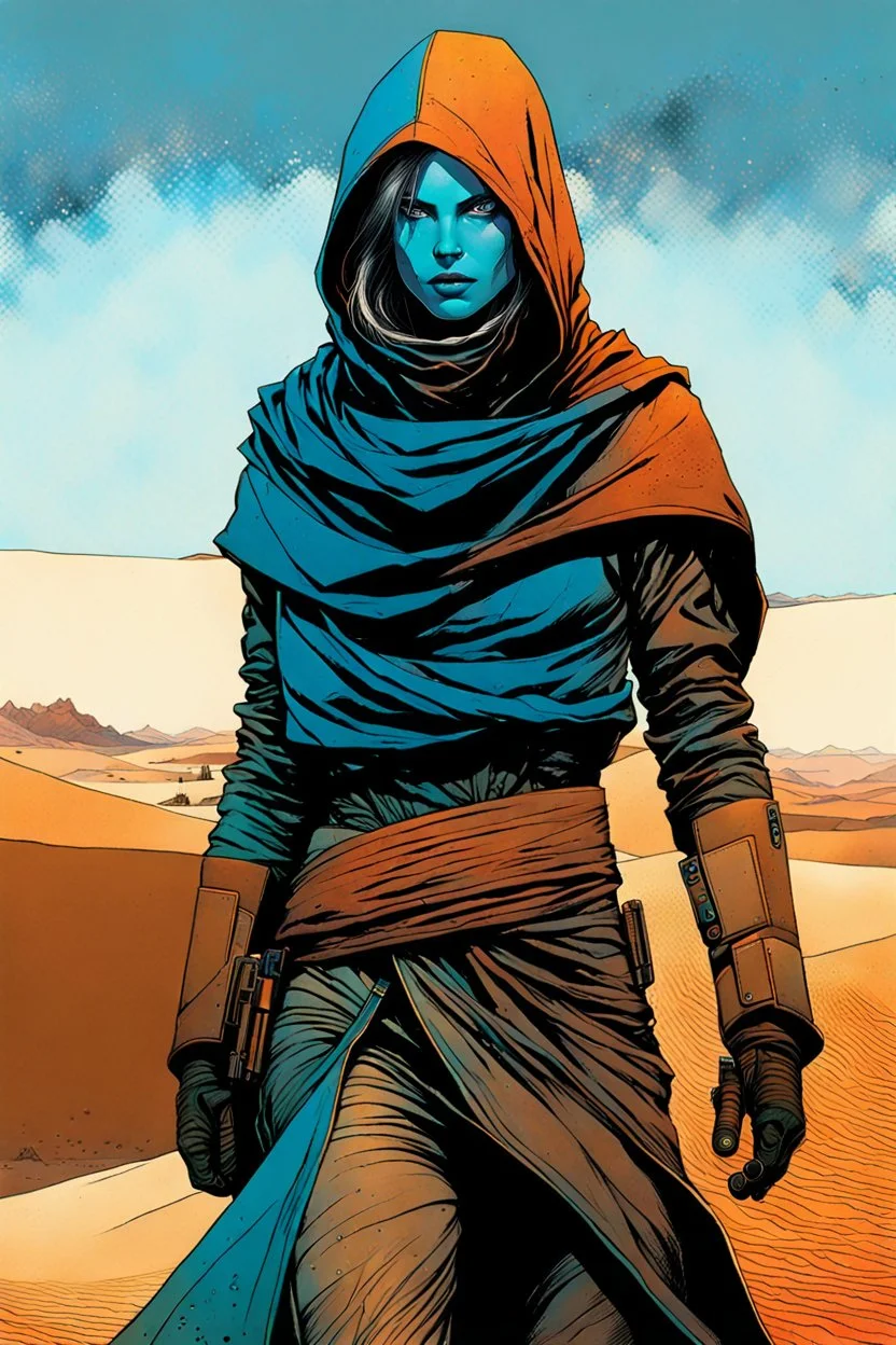 create a fine art print full body illustration of a rugged gritty, roughly textured, hooded, blue eyed, Fremen female mercenary with highly detailed feminine facial features, amidst the swirling desert sands of Arrakis, in the comic book art style of Bill Sienkiewicz, and Jean Giraud Moebius, finely textured, drawn, colored, and inked,