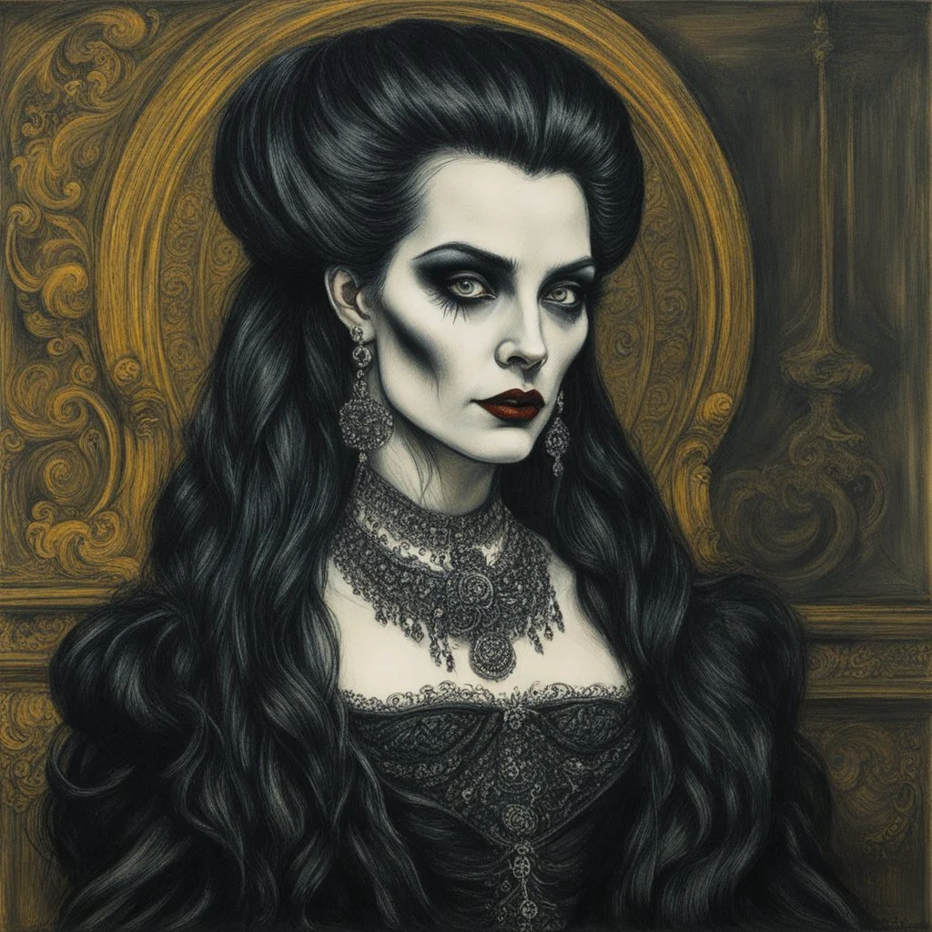 create a 3/4 profile, full body oil pastel of a dark haired, savage, ornately dressed, aged gothpunk vampire crone with highly detailed , sharply defined hair and facial features , in a smokey 19th century drawing room in the style of JOHN SINGER SARGENT