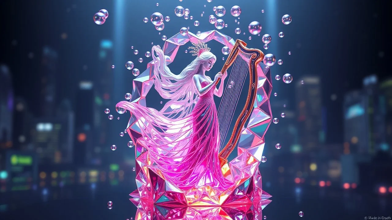 3d metalic and crystal recursive evolving and animating beveled geometric base very complex CIFY structure emiting bubbles that broke, goddess of love in a pretty cleric dress comes while playing harp gracefully , viberating color moving very in modern city escap environment while camera tracking it.write in down screen 3d animating"Made in Grok By:J.Babakan"