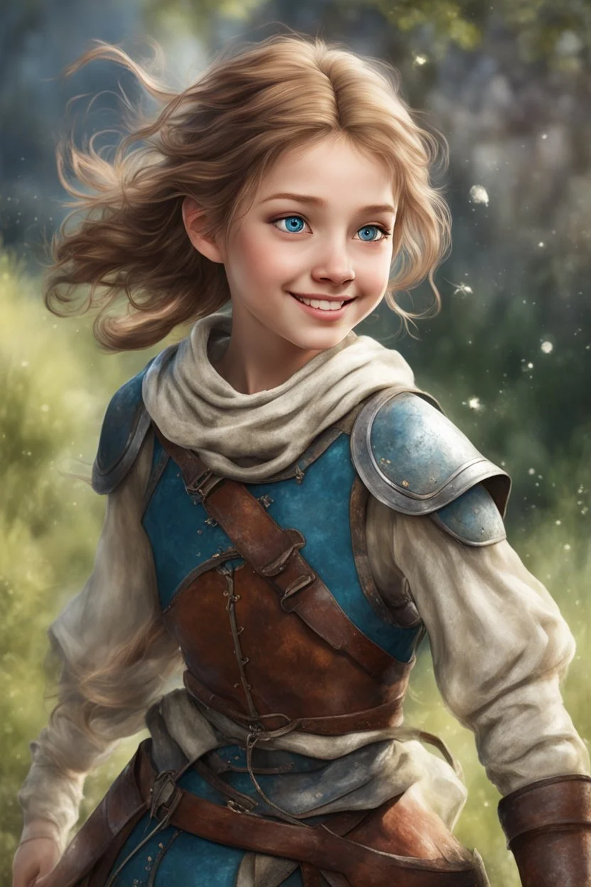 [medieval adventurer girl] With a mischievous sparkle in her eyes and a perpetual smile on her face, Lillen exudes an air of playfulness and boundless curiosity. Her enthusiasm for life is contagious, infusing the group with a sense of wonder and adventure. Lillen's natural athleticism allows her to navigate even the most challenging environments effortlessly, whether scaling towering structures or traversing treacherous landscapes. Dressed in garments that allow for unrestricted movement, Lille